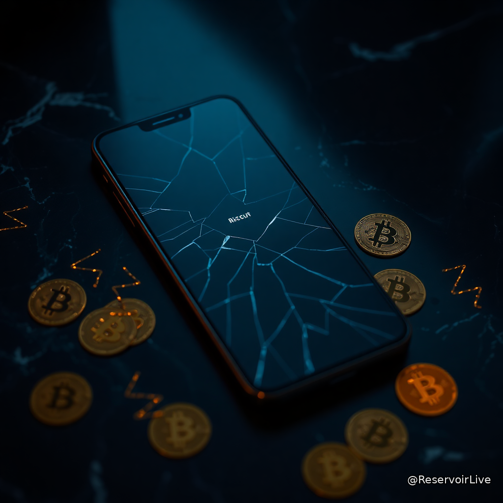 Logo Apple avec symbole Bitcoin frauduleux et alerte de sécurité sur App Store